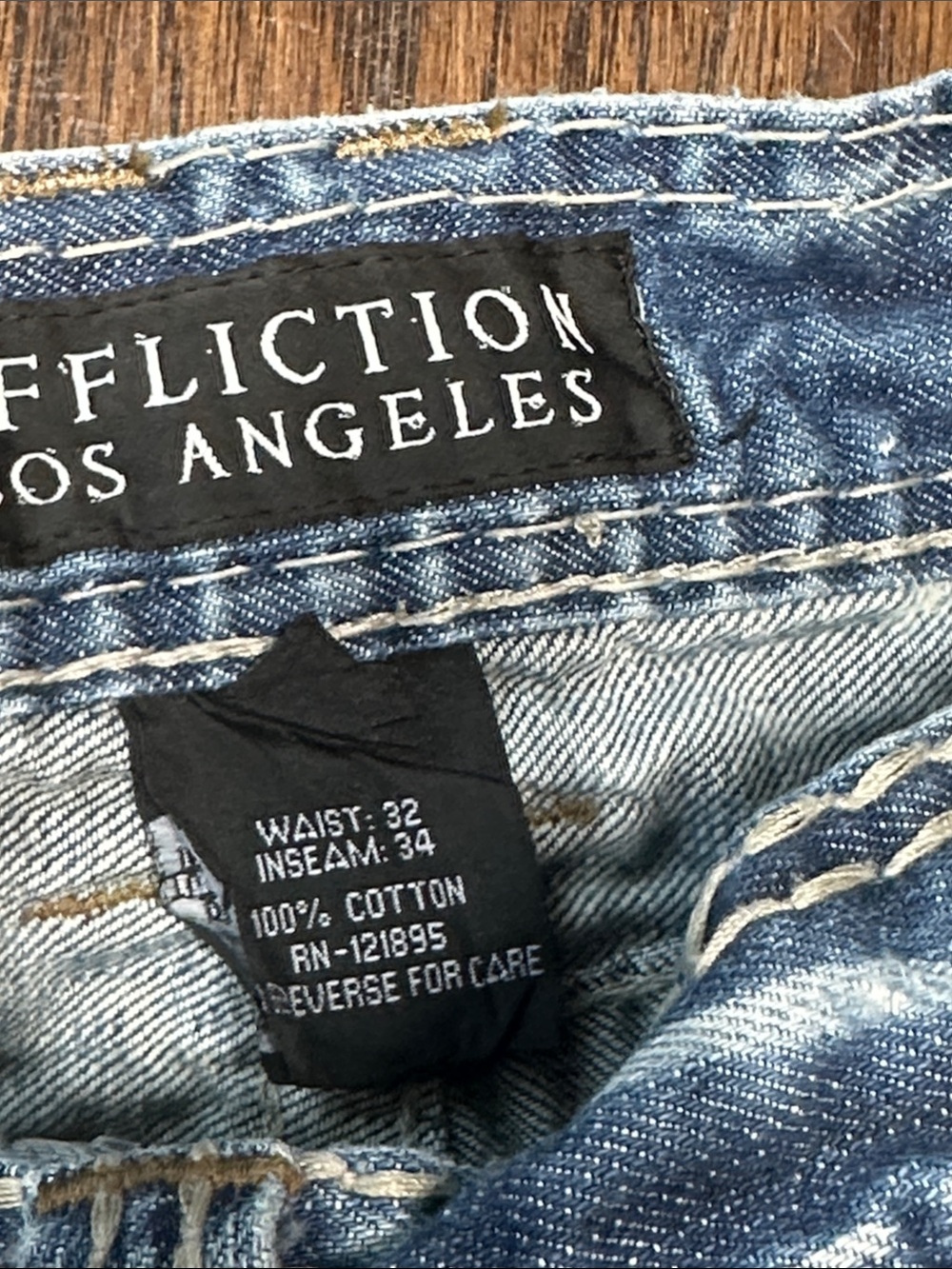 Affliction Light Blue Flare Jeans with Tan Trim - Picture 2 of 3
